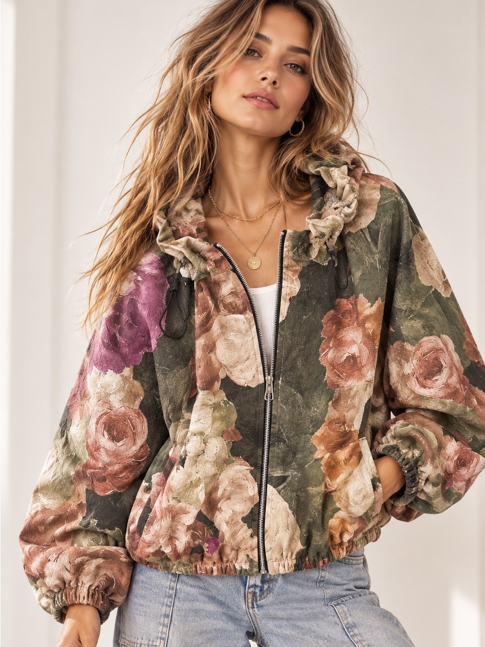 F56. From Italy 🇮🇹 Floral Print Hooded Bomber Suede Jacket - Multicolor